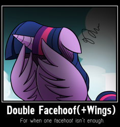 Size: 477x506 | Tagged: safe, artist:vavacung, derpibooru import, twilight sparkle, twilight sparkle (alicorn), alicorn, pony, cropped, crying, demotivational poster, double facehoof, double facehoof plus wings, facehoof, facewing, facewinghoof, female, floppy ears, mare, meme, quadruple facepalm, reaction image, solo, wing hands