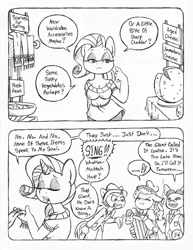 Size: 849x1100 | Tagged: safe, artist:circe, rarity, anthro, comic:soreloser, black and white, chico marx, comic, grayscale, groucho marx, harpo marx, louise the singing harp, marx brothers, monochrome, traditional art