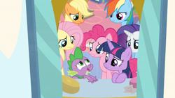 Size: 1366x768 | Tagged: safe, derpibooru import, screencap, applejack, fluttershy, pinkie pie, rainbow dash, rarity, spike, twilight sparkle, twilight sparkle (alicorn), alicorn, dragon, earth pony, pegasus, pony, unicorn, the ending of the end, mane six, open window, sad eyes, shutters