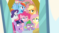 Size: 1366x768 | Tagged: safe, derpibooru import, screencap, applejack, fluttershy, pinkie pie, rainbow dash, rarity, spike, twilight sparkle, twilight sparkle (alicorn), alicorn, dragon, earth pony, pegasus, pony, unicorn, the ending of the end, mane six, open window, shutters, window