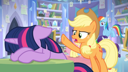 Size: 1366x768 | Tagged: safe, derpibooru import, screencap, applejack, fluttershy, rainbow dash, rarity, twilight sparkle, twilight sparkle (alicorn), alicorn, earth pony, pegasus, pony, unicorn, the ending of the end, book, bookshelf, carpet, moping, notes, sad, shelf