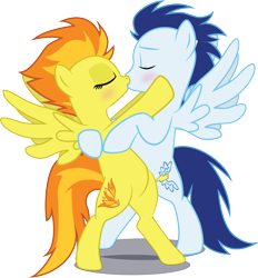 Size: 4631x4999 | Tagged: safe, artist:benybing, derpibooru import, soarin', spitfire, pony, absurd resolution, bipedal, blushing, cute, eyes closed, female, kissing, male, shipping, simple background, soarinfire, spread wings, straight, transparent background, vector