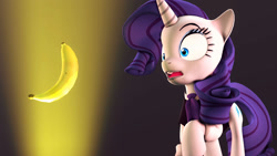 Size: 1920x1080 | Tagged: safe, artist:flushthebatsanta, rarity, pony, unicorn, 3d, banana, food, open mouth, shocked, solo, source filmmaker, wide eyes