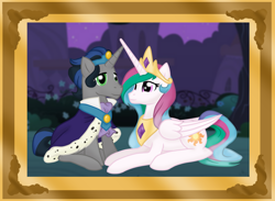 Size: 1500x1100 | Tagged: safe, artist:votederpycausemufins, derpibooru import, idw, king sombra, princess celestia, alicorn, pony, unicorn, spoiler:comic, crown, good king sombra, jewelry, night, painting, regalia