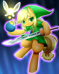 Size: 560x700 | Tagged: safe, artist:hashioaryut, applejack, earth pony, pony, applelink, bomb, fairy, freckles, link, link's tunic, pixiv, razor sword, solo, sword, the legend of zelda, the legend of zelda: majora's mask, tunic