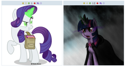 Size: 530x283 | Tagged: safe, artist:sticky-plaster, artist:vector-brony, derpibooru import, rarity, twilight sparkle, pony, unicorn, inspiration manifestation, corrupted, dark magic, derpibooru, exploitable meme, glowing eyes, green eyes, inspirarity, inspiration manifestation book, juxtaposition, juxtaposition win, magic, meme, meta, possessed, saddle bag