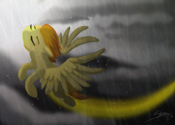 Size: 1024x731 | Tagged: safe, artist:bluefeathercat, derpibooru import, spitfire, crying, eyes closed, flying, rain, solo