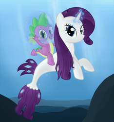 Size: 1500x1600 | Tagged: safe, artist:sutekh94, rarity, spike, dragon, pony, seapony (g4), my little pony: the movie, dragons riding ponies, male, riding, seaponified, seapony rarity, shipping, sparity, species swap, straight, underwater