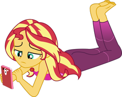Size: 2541x2010 | Tagged: safe, artist:marcorois, sunset shimmer, equestria girls, equestria girls series, wake up!, wake up!: rainbow dash, spoiler:choose your own ending (season 2), spoiler:eqg series (season 2), barefoot, cellphone, clothes, feet, geode of empathy, laying on stomach, magical geodes, pants, phone, simple background, sleeveless, smartphone, solo, transparent background, vector, yoga pants