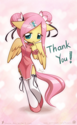 Size: 800x1294 | Tagged: safe, artist:howxu, fluttershy, anthro, pegasus, unguligrade anthro, alternate hairstyle, ambiguous facial structure, cheongsam, clothes, cute, female, moe, odango, shyabetes, solo, thank you