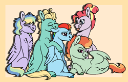 Size: 922x592 | Tagged: safe, artist:echabi, derpibooru import, rainbow dash, zephyr breeze, oc, oc:sea breeze, oc:sugar rush, oc:zipper dash, pegasus, pony, chest fluff, ear bite, female, freckles, male, missing cutie mark, offspring, one eye closed, parent:rainbow dash, parent:zephyr breeze, parents:zephdash, shipping, straight, tongue out, wink, zephdash