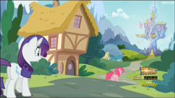 Size: 1914x1078 | Tagged: safe, screencap, gummy, pinkie pie, rarity, earth pony, pony, unicorn, the one where pinkie pie knows, ponyville, twilight's castle