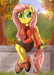 Size: 1400x1937 | Tagged: safe, artist:daniel-sg, fluttershy, anthro, pegasus, autumn, black skirt, boots, clothes, digital art, female, looking at you, mare, outdoors, pom pom (clothes), red sweater, scarf, shoes, sitting, skirt, solo, sweater, sweatershy