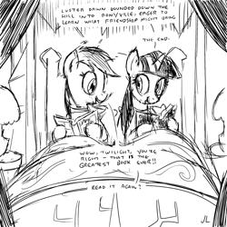 Size: 2200x2200 | Tagged: safe, artist:docwario, derpibooru import, rainbow dash, twilight sparkle, pegasus, pony, the last problem, bed, bedside stand, book, clothes, dashtober, female, implied luster dawn, lamp, lesbian, mare, monochrome, pajamas, reading, shipping, sketch, twidash