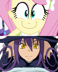 Size: 960x1200 | Tagged: safe, fluttershy, equestria girls, blair (soul eater), comparison, emiri katou, happyshy, soul eater, voice actor joke