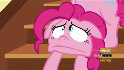 Size: 1920x1080 | Tagged: safe, screencap, pinkie pie, earth pony, pony, the one where pinkie pie knows, faic, floppy ears, frown, mismatched eyes, sad, solo, stairs