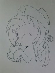 Size: 960x1280 | Tagged: safe, artist:notenoughapples, fluttershy, bat pony, pony, accessory theft, apple, applejack's hat, cute, flutterbat, hat, monochrome, tongue out, traditional art, wink