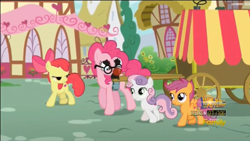Size: 1904x1072 | Tagged: safe, screencap, apple bloom, pinkie pie, scootaloo, sweetie belle, earth pony, pony, the one where pinkie pie knows, cart, cutie mark crusaders, disguise, groucho mask, harness
