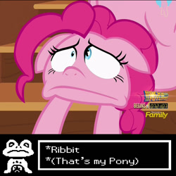 Size: 576x576 | Tagged: safe, screencap, pinkie pie, earth pony, pony, the one where pinkie pie knows, faic, floppy ears, froggit, meme, that's my pony, that's my x, undertale