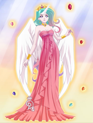 Size: 815x1079 | Tagged: safe, artist:leek-cn, princess celestia, human, breasts, cleavage, clothes, dress, female, horned humanization, humanized, nail polish, sailor moon, solo