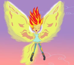 Size: 950x841 | Tagged: safe, artist:gamzyjam, sunset shimmer, equestria girls, my past is not today, cute, eyes closed, female, fiery wings, open mouth, scene interpretation, shimmerbetes, solo, sunset phoenix, wings