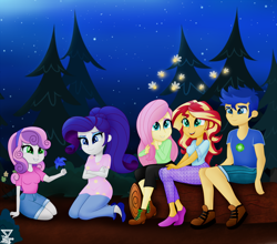 Size: 2000x1760 | Tagged: safe, artist:theretroart88, part of a series, part of a set, flash sentry, fluttershy, rarity, sunset shimmer, sweetie belle, equestria girls, clothes, digital art, female, legs, log, shorts, sitting, smiling, tree