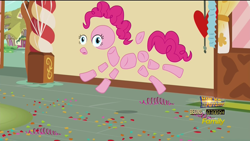 Size: 1920x1080 | Tagged: safe, screencap, pinkie pie, earth pony, pony, the one where pinkie pie knows, disintegration, frown, modular, not salmon, open mouth, pinkie pieces, solo, sugarcube corner, wat, wide eyes