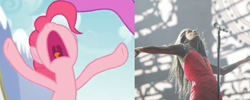 Size: 999x399 | Tagged: safe, pinkie pie, earth pony, pony, the one where pinkie pie knows, airdancer, aminata, comparison, eurovision song contest, latvia, nose in the air, screaming, wacky waving inflatable tube ponk