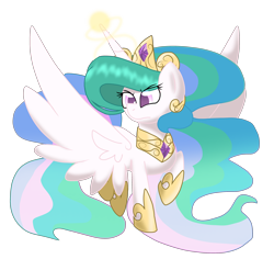 Size: 2700x2550 | Tagged: safe, artist:ashleigharts, princess celestia, alicorn, pony, female, looking at something, magic, mare, raised hoof, simple background, solo, spread wings, stern, transparent background