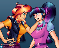 Size: 1551x1258 | Tagged: safe, artist:mandy1412, sci-twi, sunset shimmer, twilight sparkle, human, equestria girls, accessory theft, blushing, female, human coloration, lesbian, looking at each other, open mouth, scitwishimmer, shipping, smiling, smirk, sunsetsparkle