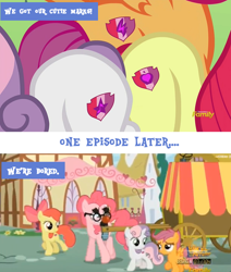 Size: 608x716 | Tagged: safe, screencap, apple bloom, pinkie pie, scootaloo, sweetie belle, earth pony, pony, crusaders of the lost mark, the one where pinkie pie knows, back to the future, bored, cutie mark, discovery family, the cmc's cutie marks