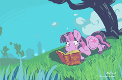 Size: 1024x671 | Tagged: safe, artist:machu, derpibooru import, twilight sparkle, book, grass, outdoors, reading, silhouette, solo