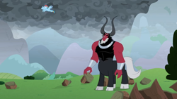 Size: 1366x768 | Tagged: safe, derpibooru import, screencap, lord tirek, rainbow dash, centaur, pegasus, the ending of the end, bush, cloud, cloudy, cloven hooves, dark, dark clouds, female, flying, looking up, male, mare, mountain, nose piercing, nose ring, piercing, solo focus