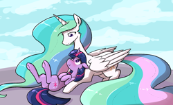 Size: 1280x783 | Tagged: safe, artist:whatsapokemon, princess celestia, twilight sparkle, alicorn, pony, unicorn, blushing, cloud, eye contact, female, lesbian, looking at each other, lying down, mare, missing accessory, on back, shipping, sky, smiling, twilestia