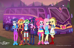 Size: 5100x3300 | Tagged: safe, applejack, fluttershy, pinkie pie, rainbow dash, rarity, sci-twi, sunset shimmer, twilight sparkle, better together, equestria girls, sunset's backstage pass!, bus, female, geode of fauna, geode of sugar bombs, geode of super strength, geode of telekinesis, humane five, humane seven, humane six, magical geodes, official, promo, shoes, sneakers