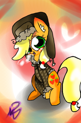 Size: 426x640 | Tagged: safe, artist:mushroomcookiebear, applejack, earth pony, pony, blonde, blonde mane, blonde tail, clothes, coat, cute, female, freckles, green eyes, hat, mare, open mouth, orange coat, signature, sitting, solo