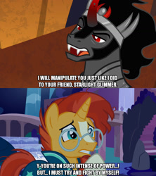 Size: 1280x1440 | Tagged: safe, artist:jaredking203, derpibooru import, edit, edited screencap, editor:jaredking203, screencap, king sombra, sunburst, pony, unicorn, student counsel, the beginning of the end, caption, clothes, comic, crown, curved horn, fangs, glasses, horn, jewelry, male, meme, regalia, robe, screencap comic, stallion, sunburst's glasses, sunburst's robe, text, worried