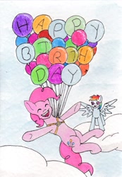 Size: 1316x1904 | Tagged: safe, artist:tunrae, derpibooru import, pinkie pie, rainbow dash, earth pony, pegasus, pony, balloon, birthday, card, floating, harness, ink drawing, surprised, tack, then watch her balloons lift her up to the sky, traditional art