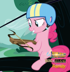 Size: 910x927 | Tagged: safe, screencap, pinkie pie, earth pony, pony, the one where pinkie pie knows, back to the future, crossbow, discovery family logo, helmet, solo, zipline