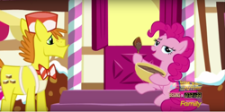 Size: 1314x656 | Tagged: safe, screencap, carrot cake, pinkie pie, earth pony, pony, the one where pinkie pie knows, bowl, lidded eyes, mixing bowl