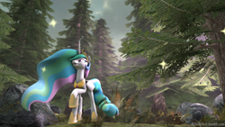 Size: 2046x1150 | Tagged: safe, artist:rainbowdashydg, princess celestia, alicorn, pony, 3d, forest, looking up, nature, open mouth, raised hoof, smiling, solo, source filmmaker