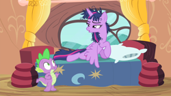 Size: 1280x720 | Tagged: safe, derpibooru import, screencap, spike, twilight sparkle, twilight sparkle (alicorn), alicorn, dragon, pony, inspiration manifestation, female, mare, messy mane, out of context, pillow