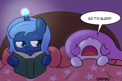 Size: 1000x667 | Tagged: safe, artist:empyu, princess celestia, princess luna, alicorn, pony, 30 minute art challenge, annoyed, bed, blanket, book, cewestia, cute, dialogue, female, filly, glowing horn, lidded eyes, looking sideways, magic, nightlight, on back, open mouth, pillow, pink-mane celestia, reading, sleeping, woona, younger