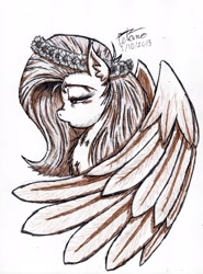 Size: 2411x3258 | Tagged: safe, artist:petanoprime, fluttershy, pegasus, pony, bust, female, floral head wreath, flower, inktober, inktober 2015, mare, monochrome, solo, traditional art