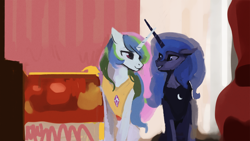 Size: 1920x1080 | Tagged: dead source, safe, artist:hierozaki, princess celestia, princess luna, alicorn, pony, eye contact, floppy ears, jewelry, looking at each other, peytral, smiling