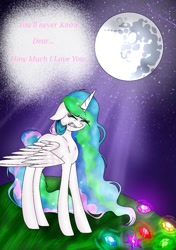 Size: 719x1024 | Tagged: safe, artist:fireheartsk, princess celestia, alicorn, pony, crying, mare in the moon, moon, sad, solo, song, you are my sunshine