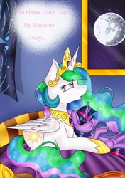 Size: 719x1024 | Tagged: safe, artist:fireheartsk, princess celestia, alicorn, pony, mare in the moon, moon, sad, solo, song, you are my sunshine