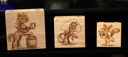 Size: 1280x571 | Tagged: safe, artist:horseez, apple bloom, applejack, big macintosh, earth pony, pony, barrel, cider, craft, male, mouth hold, pyrography, rearing, rope, stallion, woodwork