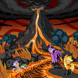 Size: 2000x2000 | Tagged: safe, artist:cgeta, applejack, maud pie, spike, twilight sparkle, twilight sparkle (alicorn), alicorn, dragon, earth pony, pony, bathing, earth pony magic, eruption, female, fireproof boots, lava, lava bathing, mare, volcano