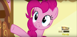 Size: 1360x654 | Tagged: safe, screencap, pinkie pie, earth pony, pony, the one where pinkie pie knows, back to the future, discovery family logo, smiling